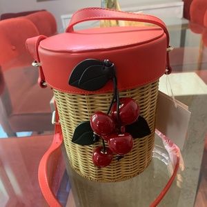 Kate Spade Picnic Crossbody Cherry Bucket  Purse  Wicker tan New with tags NWT